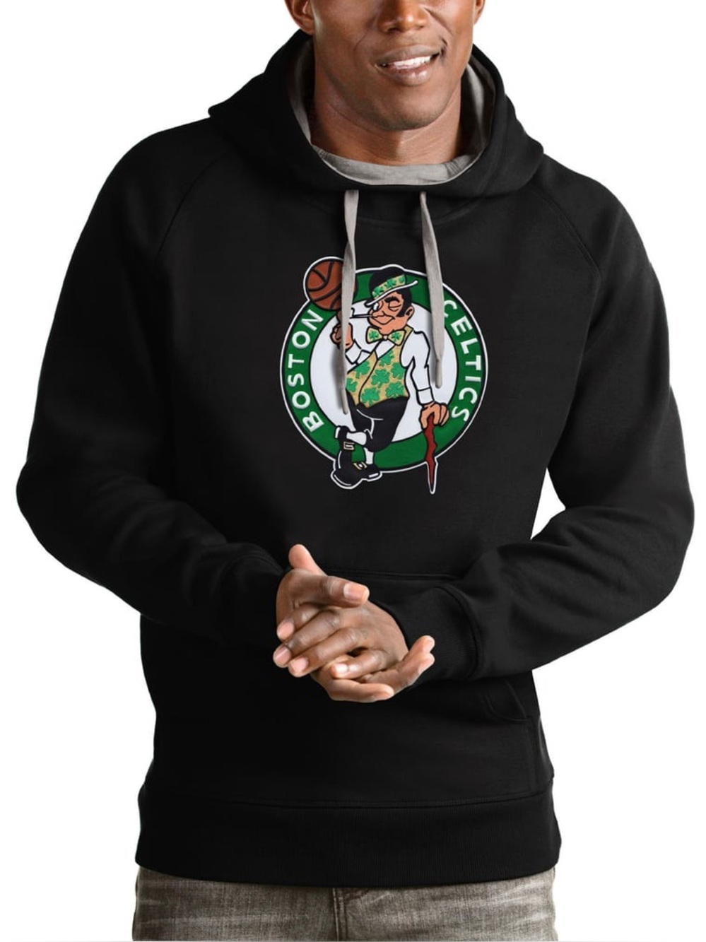 Men's Antigua Black Boston Celtics Logo Victory Pullover Hoodie